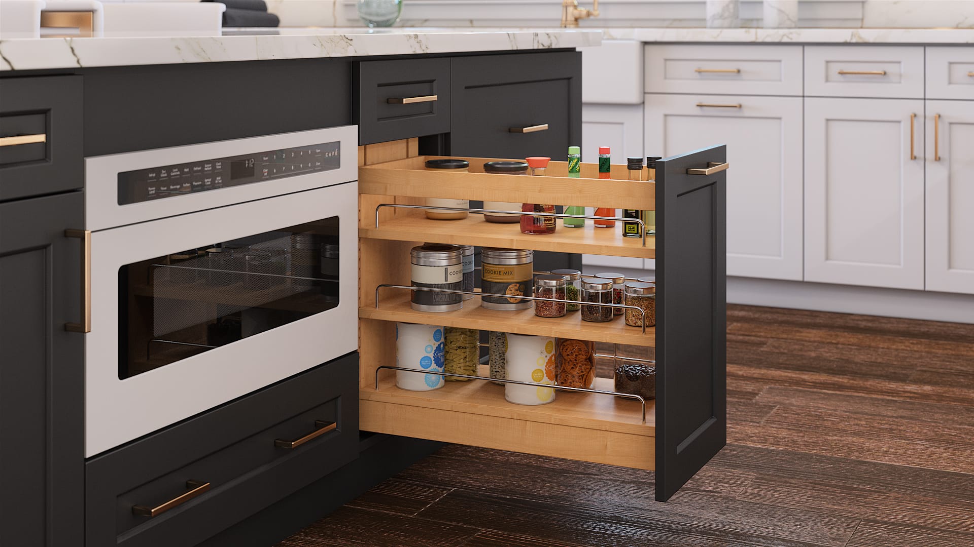 Charcoal cabinetry with pull-out pantry